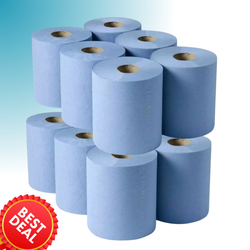 12 Pack Blue Rolls - Strong, Absorbent Centrefeed Rolls for Kitchen and Commercial Use