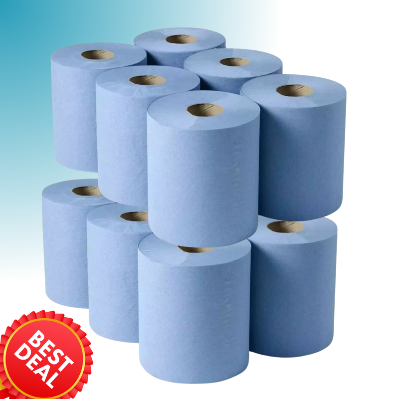 12 Pack Blue Rolls - Strong, Absorbent Centrefeed Rolls for Kitchen and Commercial Use